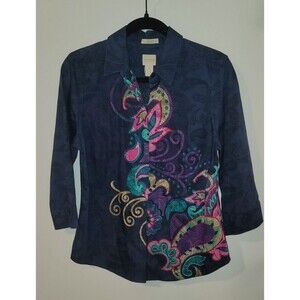 Chicos Size 0 (US S) Bold Print Paisley No-Iron Cotton Button Front Shirt Navy